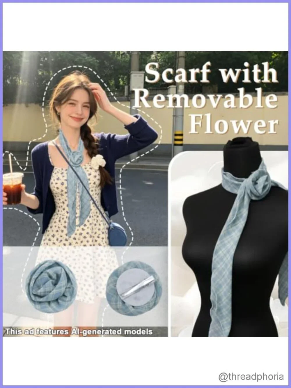 Women's Plaid Scarf with Detachable Flower - Polyester Fashion Scarf